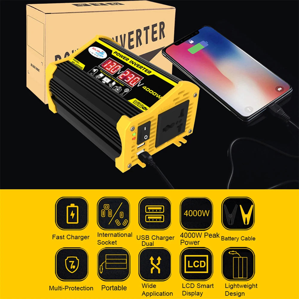 Portable 4000W DC to AC power inverter, black and yellow with LCD display, USB ports, and AC socket, charging a phone.