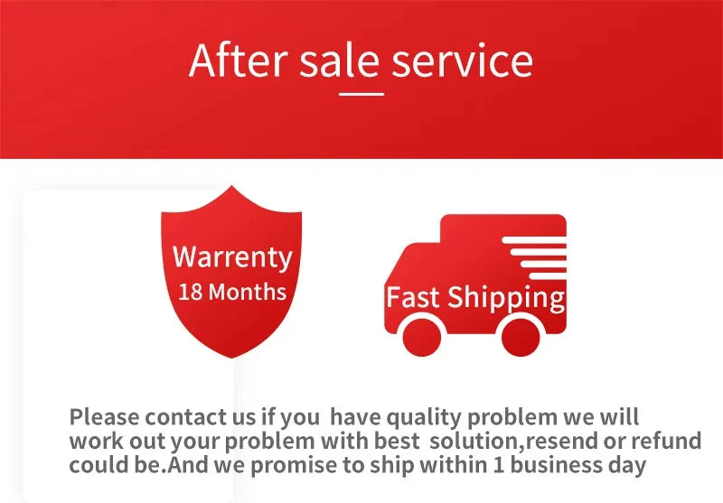 Customer service graphic showing an 18-month warranty, fast shipping promise, and support for returns or refunds.
