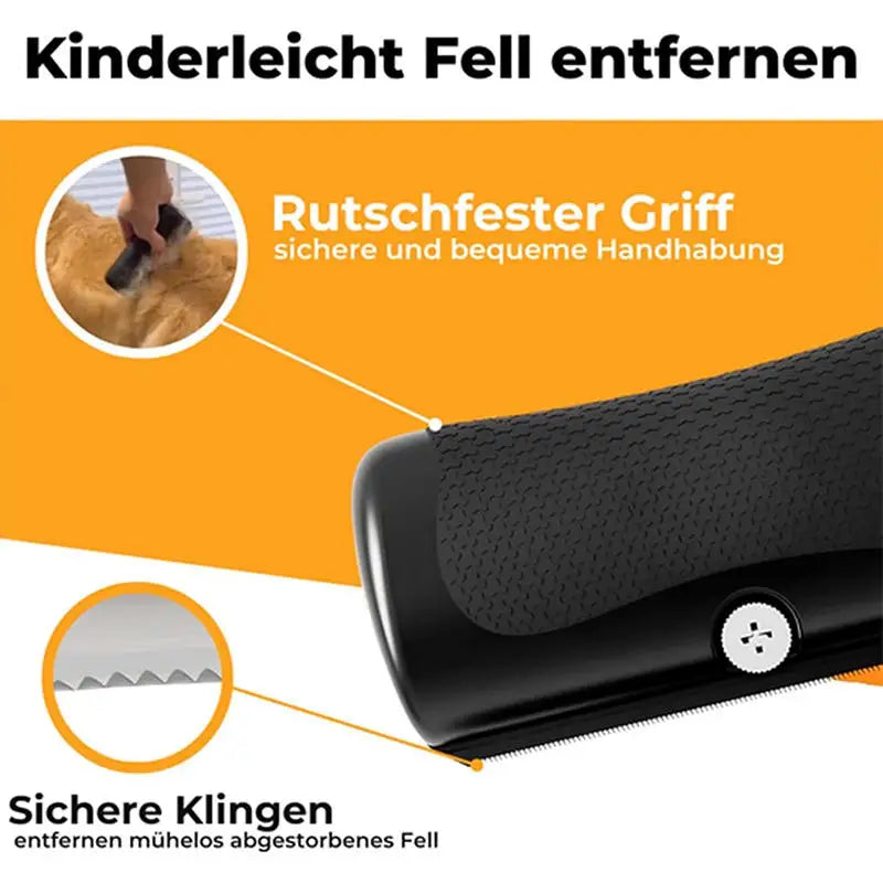 Black pet grooming tool with a textured, non-slip handle and a serrated metal blade edge.
