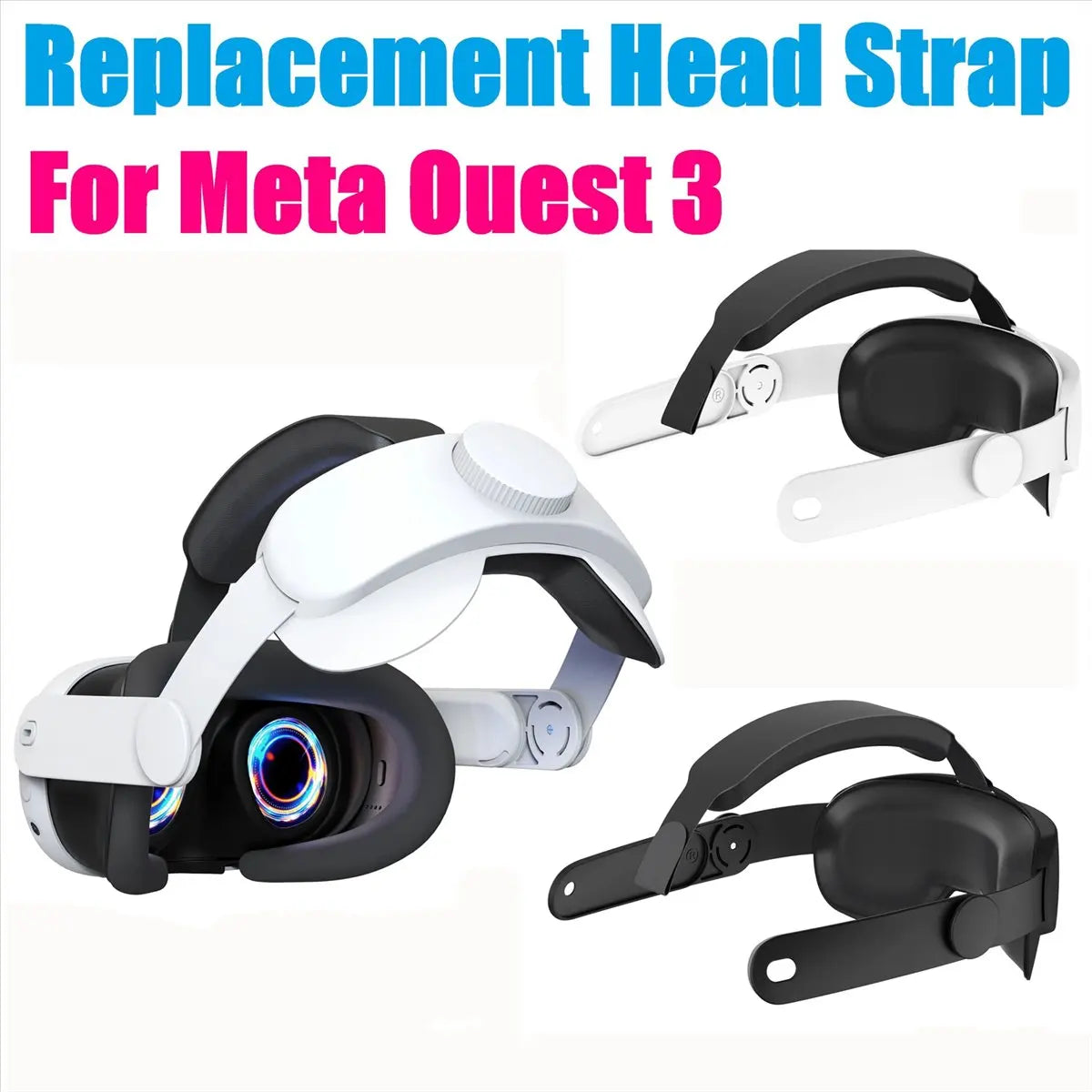 Adjustable VR headset comfort strap in black and white with an ergonomic padded design and rear tightening dial.