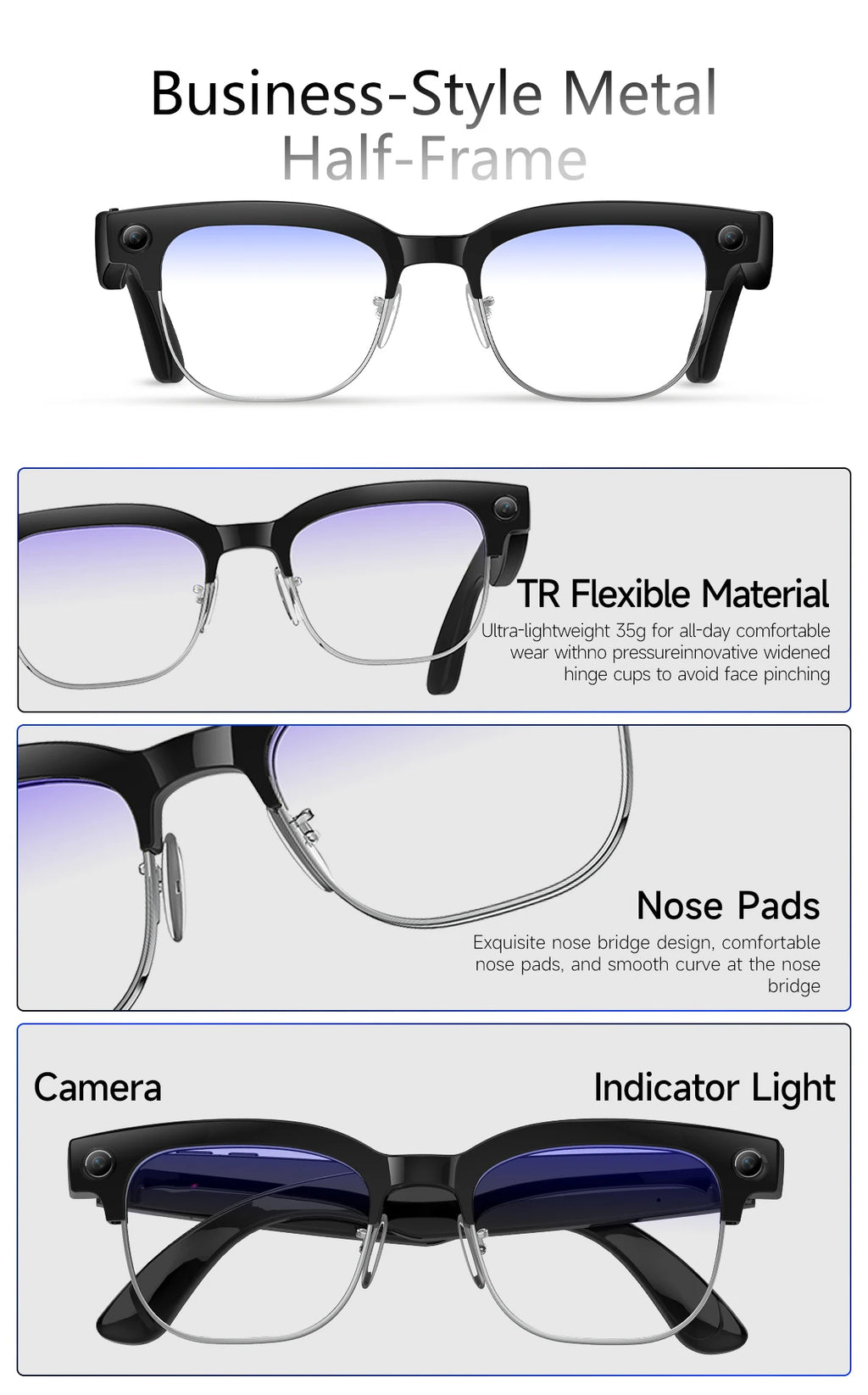 Smart AI glasses with black half-frames, integrated HD cameras, indicator lights, and comfortable nose pads.
