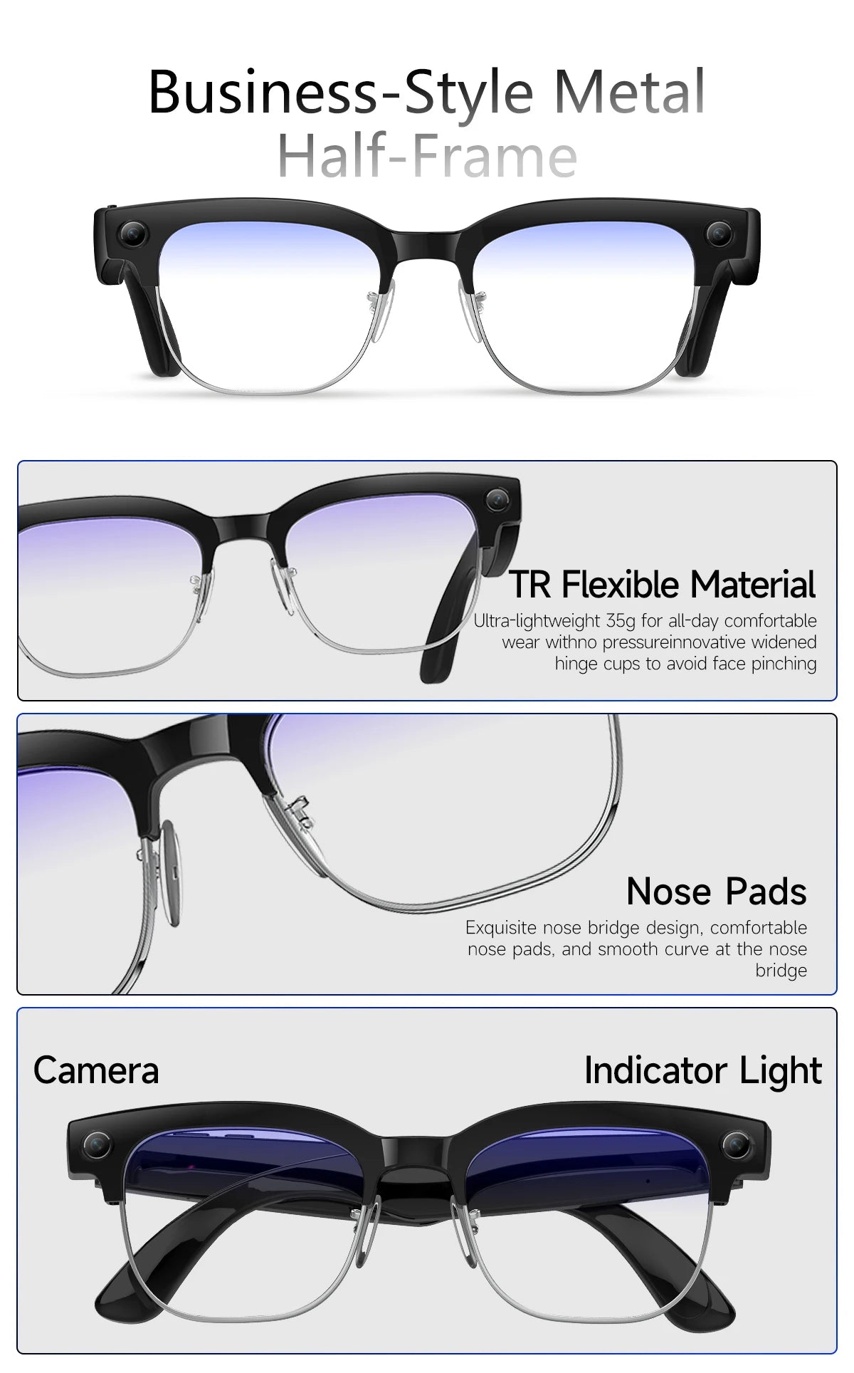 Smart AI glasses with black half-frames, integrated HD cameras, indicator lights, and comfortable nose pads.
