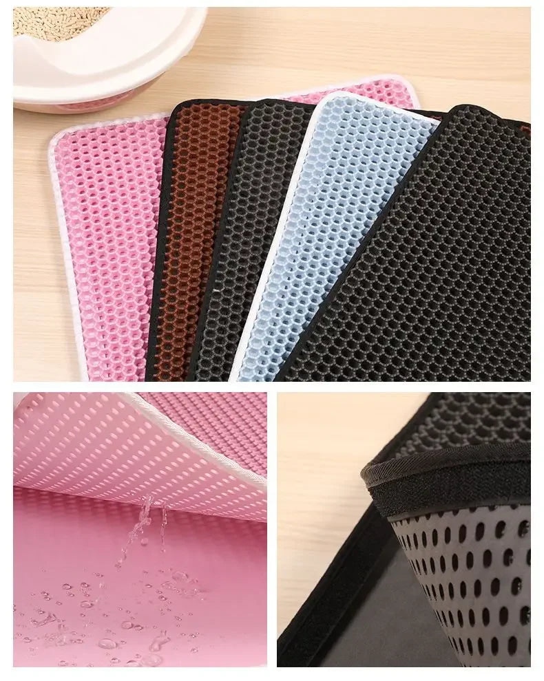 Selection of waterproof, double-layer honeycomb cat litter mats available in pink, brown, grey, blue, and black.