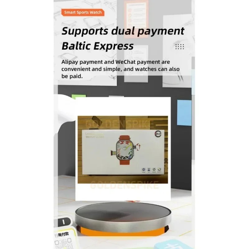 White product box featuring a 4G Android smartwatch with an orange strap, 180° rotary camera and GPS functionality.