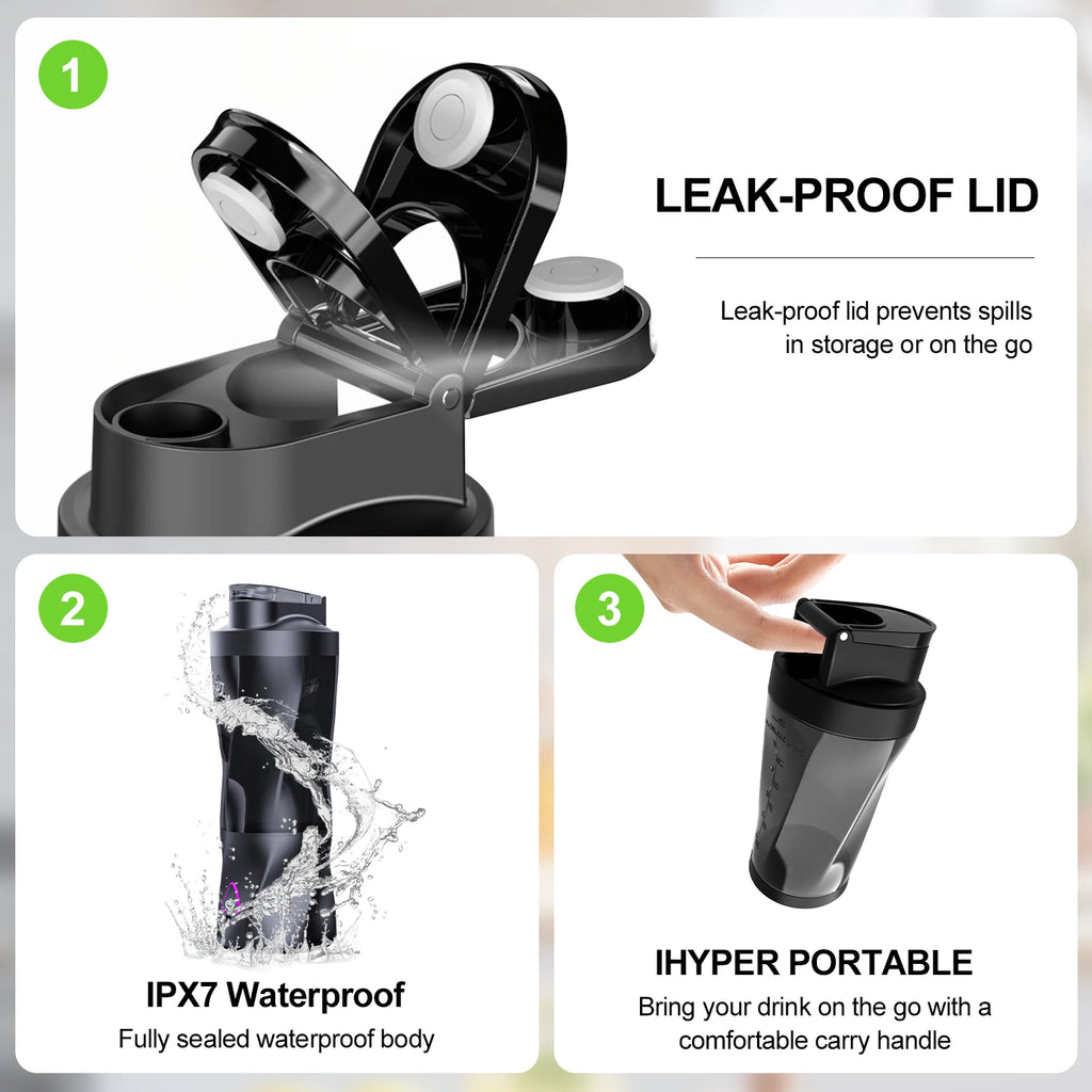 Three-panel infographic of a black, portable, leak-proof electric shaker bottle with a waterproof design.