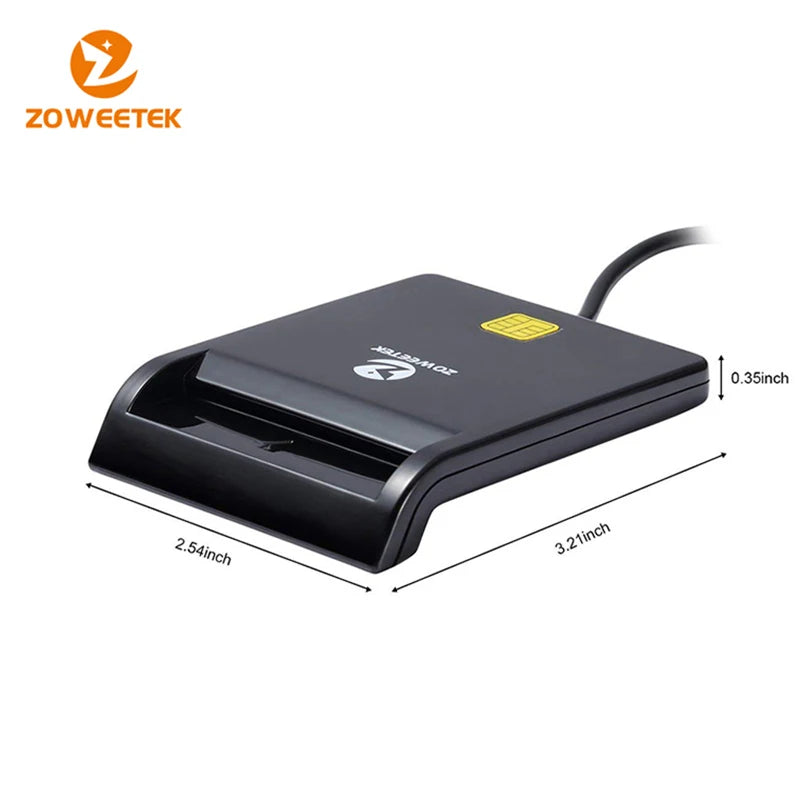 Black plastic Zoweetek smart card reader with USB cable and annotated dimensions on a white background.