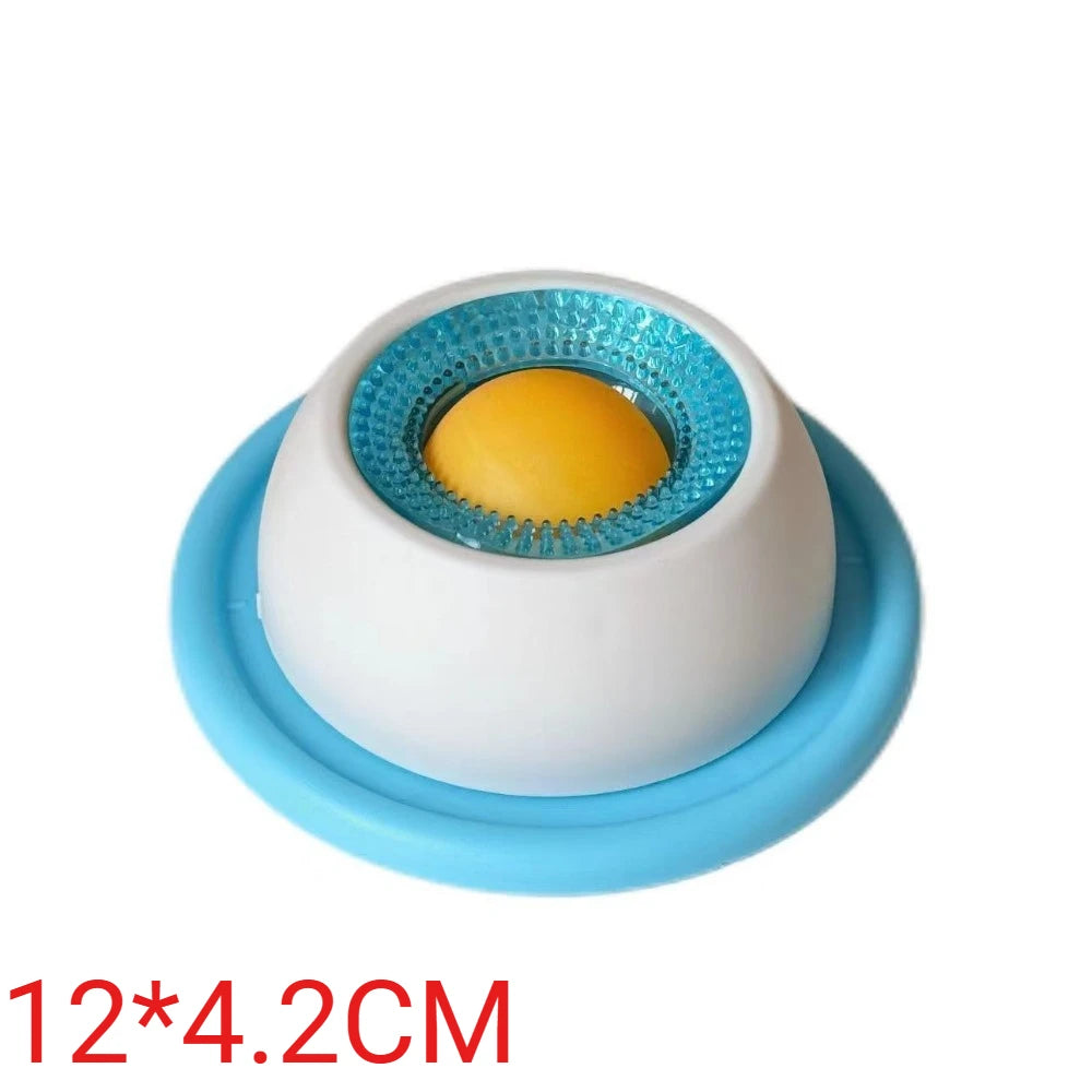 Blue and white textured dome-shaped pet feeder with a central yellow ball, 12cm by 4.2cm.
