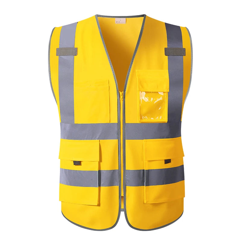 Bright yellow high-visibility safety vest with reflective grey stripes, a front zip, and multiple storage pockets.