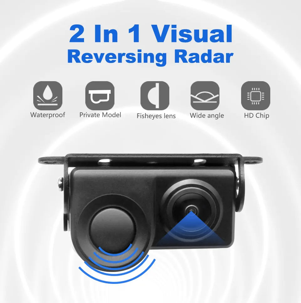 Black 2-in-1 vehicle reversing camera and parking sensor with wide-angle HD lens, shown with feature icons above.