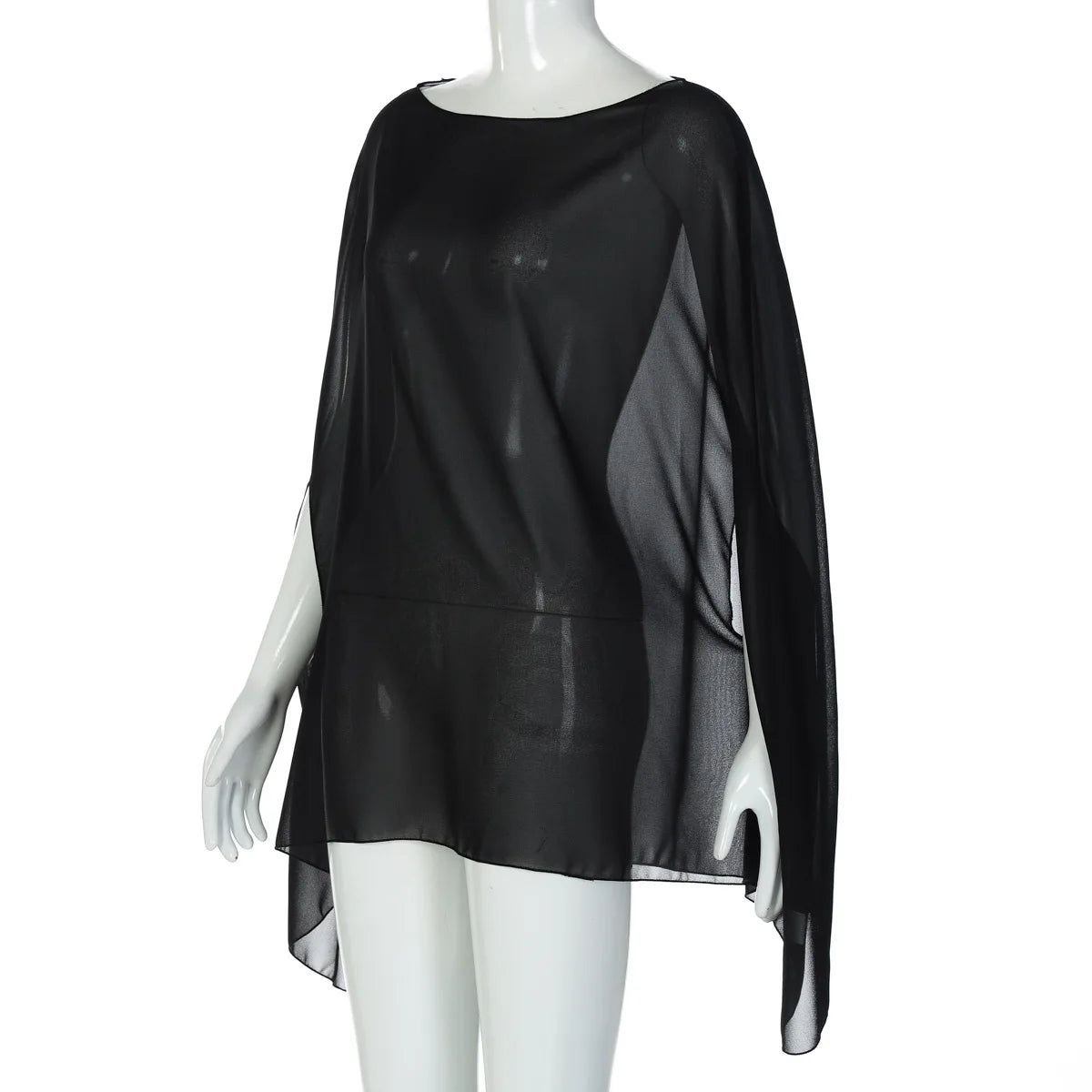 Sheer black chiffon kaftan top with a boat neckline and flowing, wide cape-style sleeves.