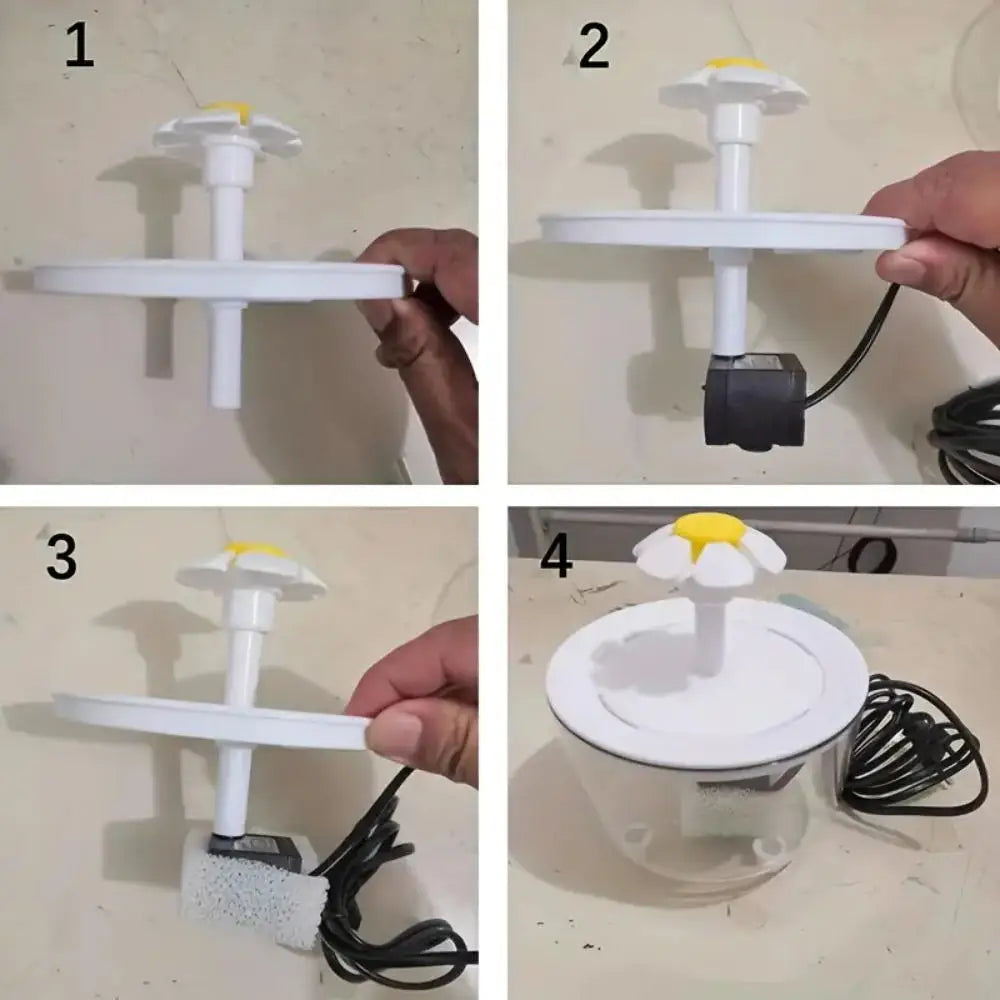 Four-step guide assembling a white and yellow flower-shaped pet water fountain with a pump and power cord.