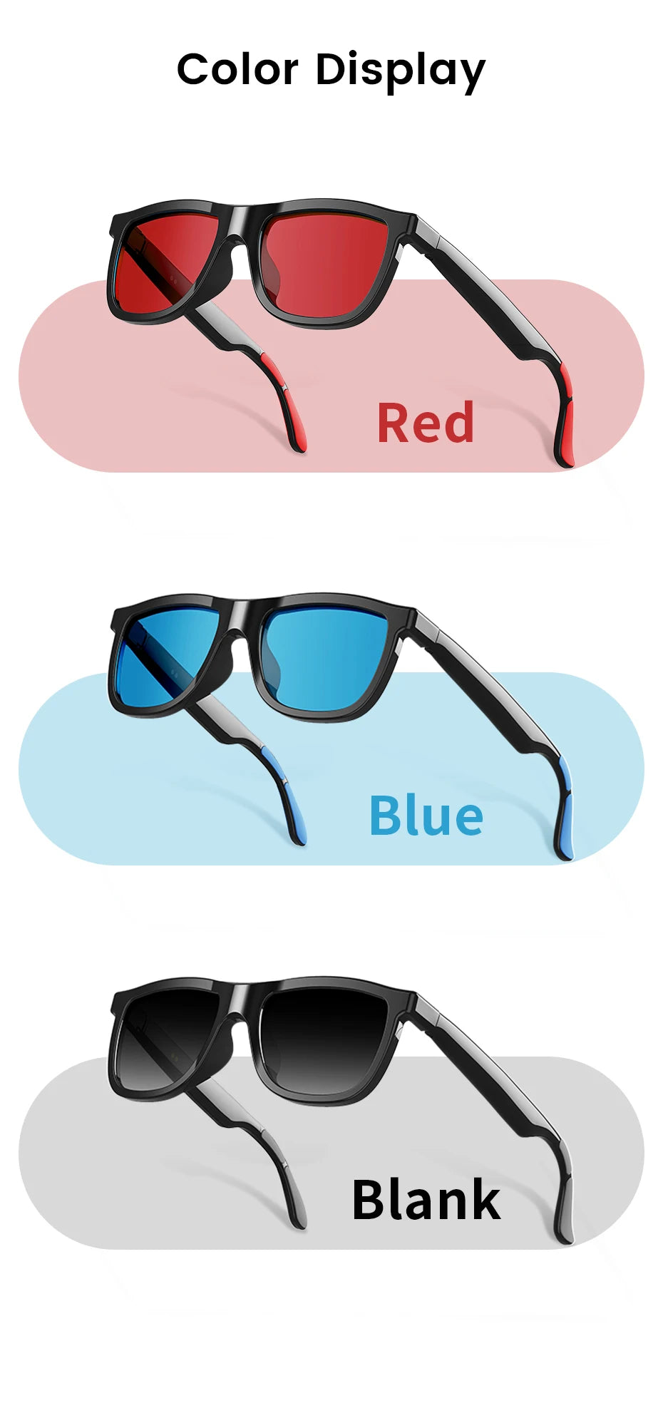Smart audio glasses shown in three colour options: red, blue, and black lenses with matching frame accents.