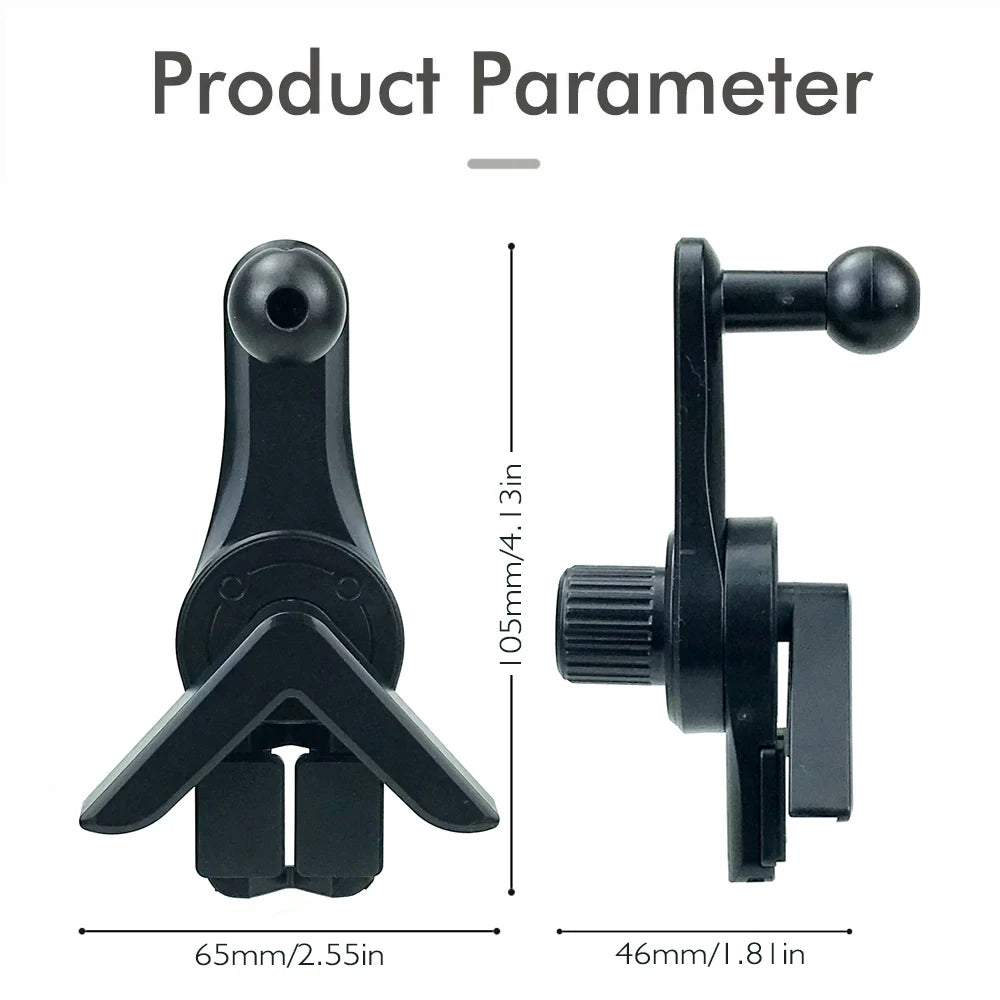 Black plastic ball-joint mount with V-shaped clip, showing front and side views with dimension labels.