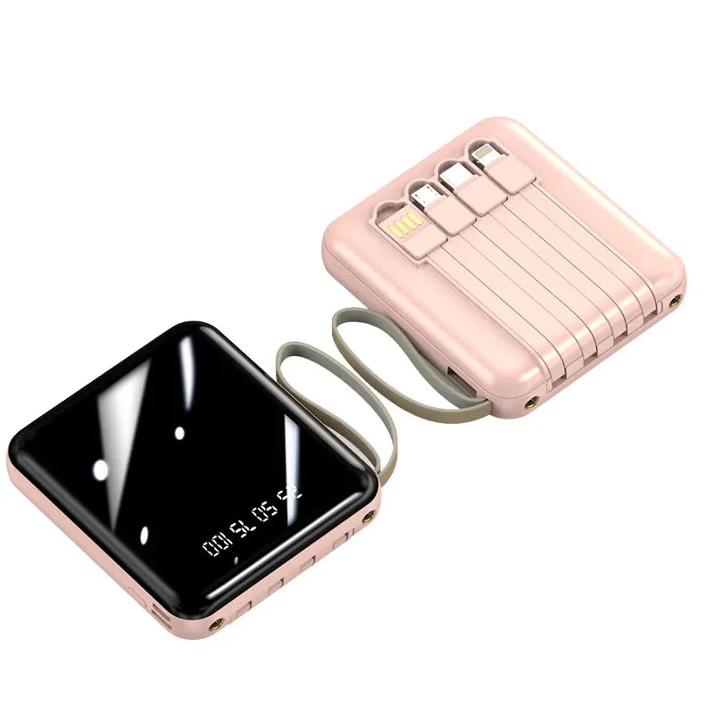 Pink 20000mAh portable power bank with a digital display and integrated charging cables for various devices.
