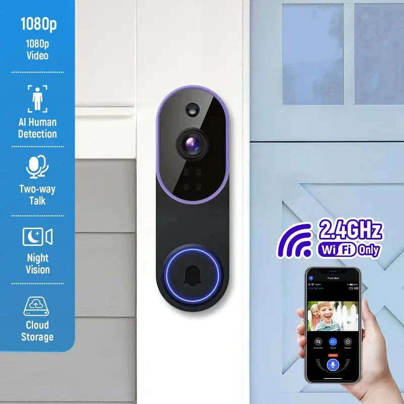Sleek black smart video doorbell with blue LED light ring, shown on a door frame with a mobile app interface.