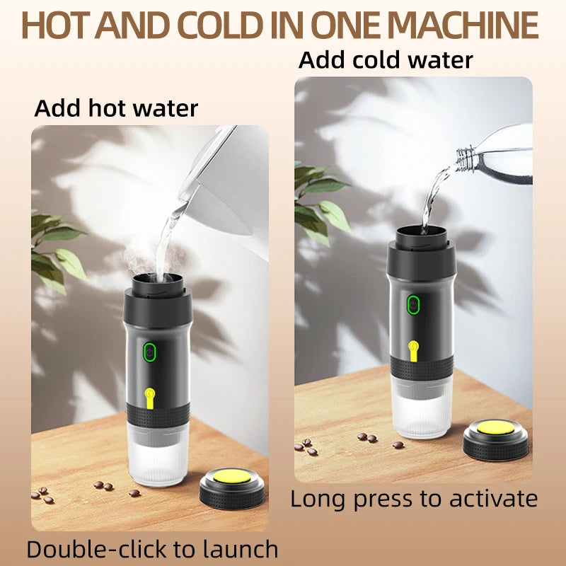 Two images of a portable coffee maker on a wooden table, showing water being poured for hot and cold extraction.