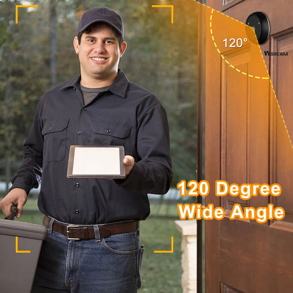 A 2.4-inch black digital peephole camera installed on a door, featuring a 120-degree wide-angle lens.