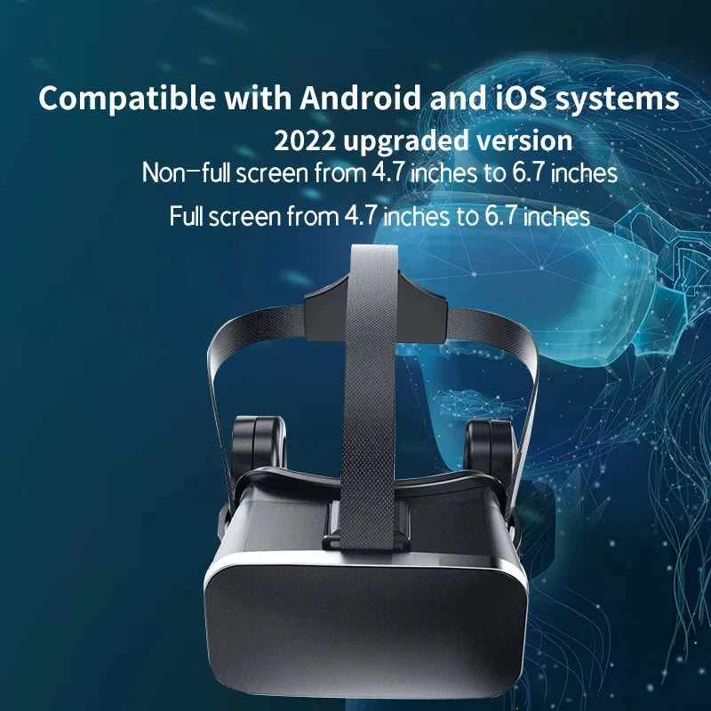 Black VR headset with an adjustable head strap, designed for mobile phones, shown against a digital blue background.