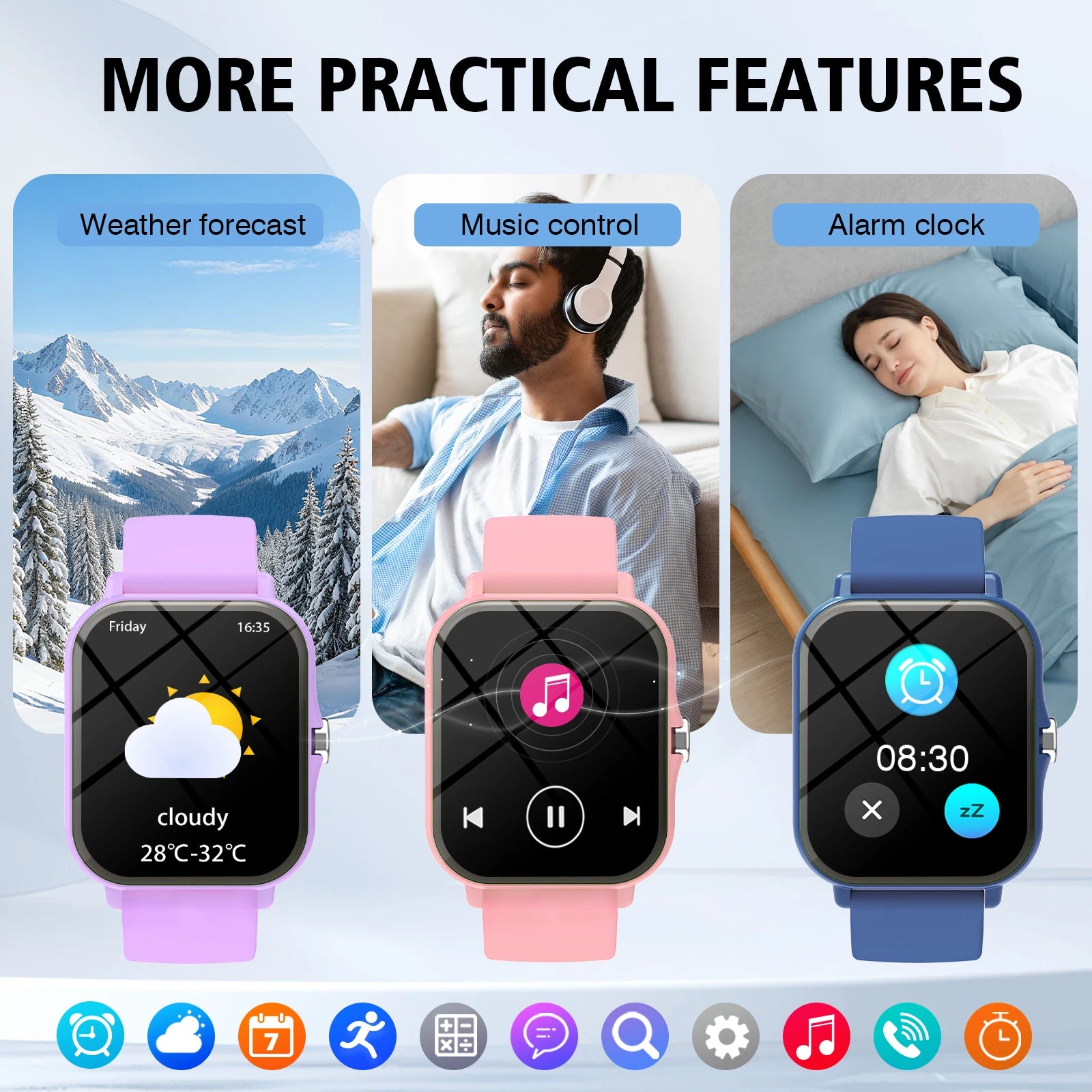 Three smartwatches in lilac, pink, and blue showing weather, music control, and alarm features.