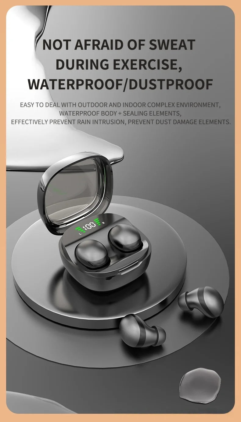 Black wireless earbuds in a reflective charging case with a digital battery display, set on a dark circular base.