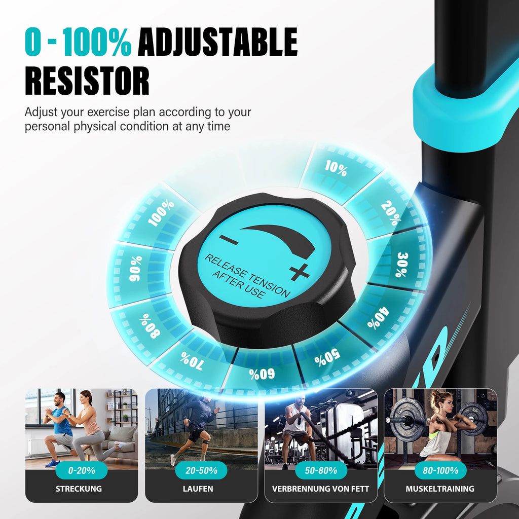 Black and blue exercise bike resistance knob with 0-100% scale and plus/minus symbols.
