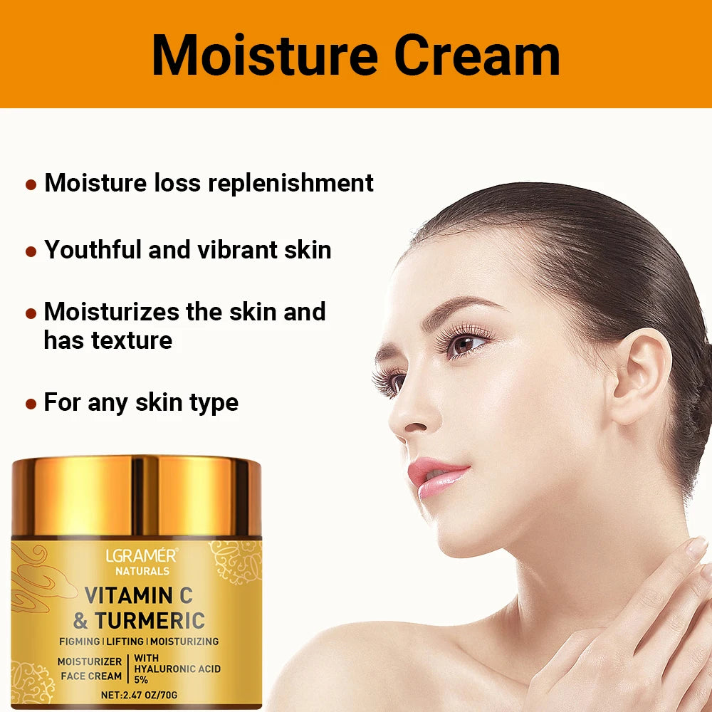 Vitamin C and turmeric face cream in a gold jar, promoting skin hydration and a youthful glow for all skin types.