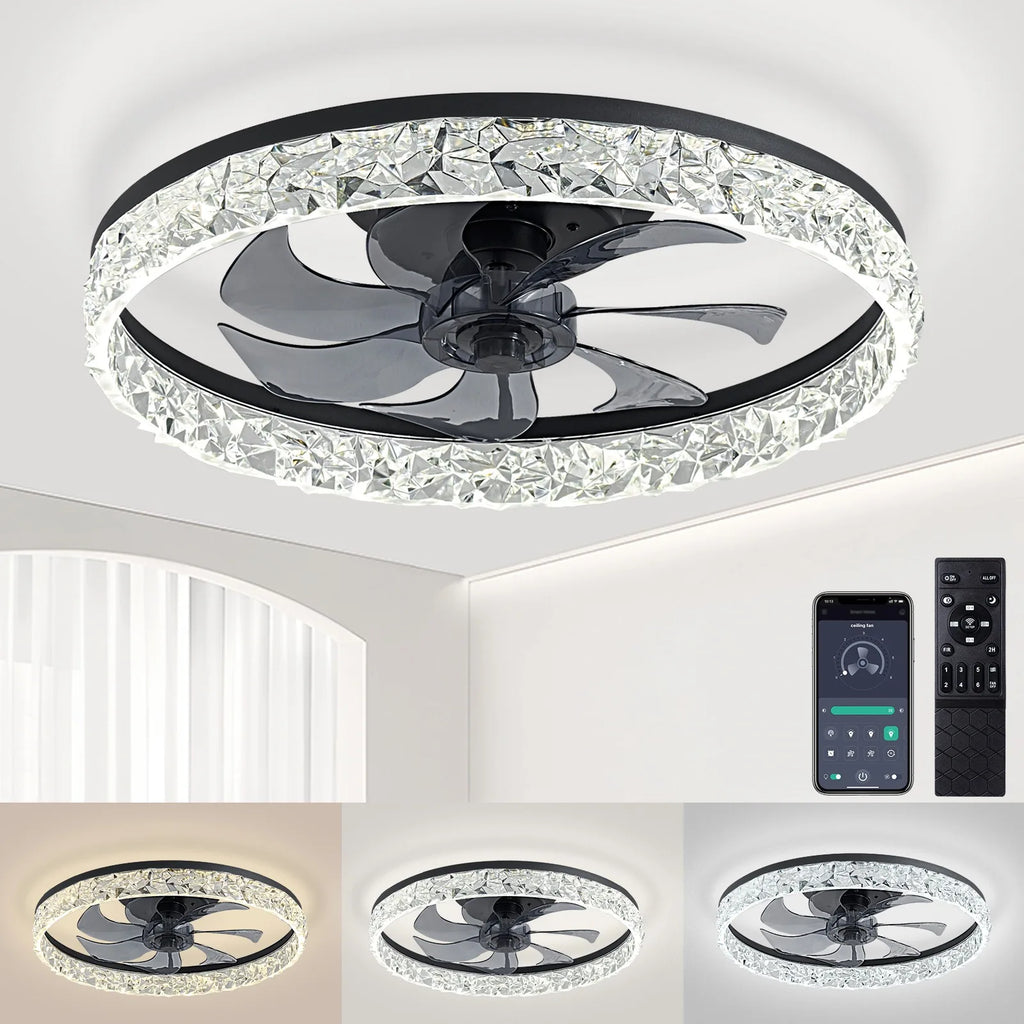 Modern 18.9in black LED ceiling fan with crystal trim, remote, and app control, showing various lighting temperatures.
