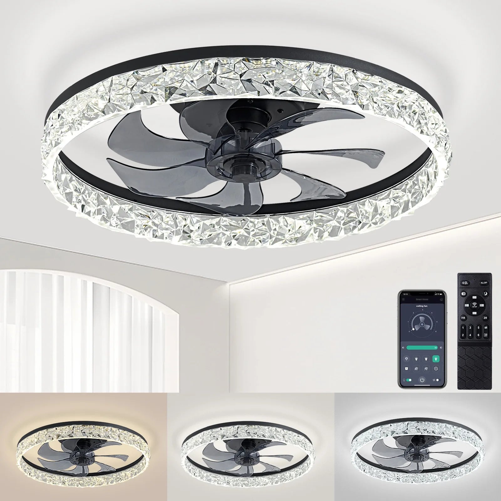 Modern 18.9in black LED ceiling fan with crystal trim, remote, and app control, showing various lighting temperatures.