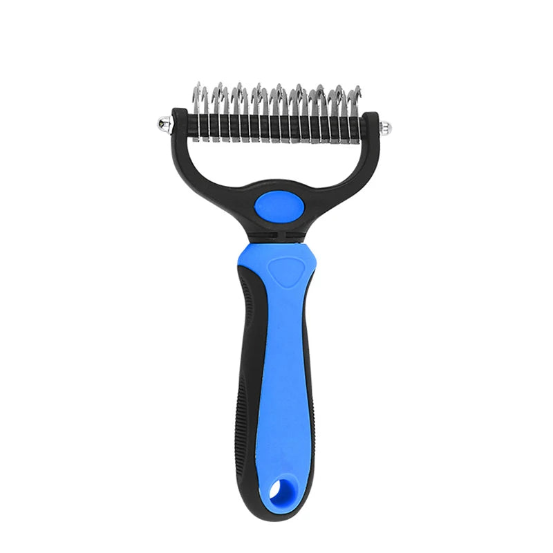 Pet grooming de-shedding tool with a black and blue ergonomic handle and a row of metal teeth.