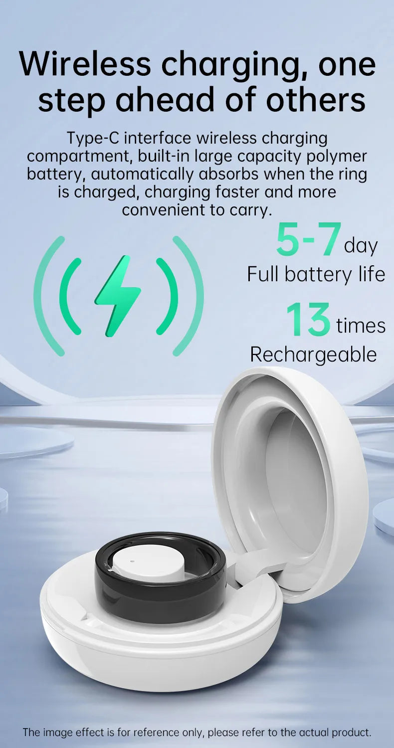 Black fitness and sleep tracking ring in a white open wireless charging case with a 5–7 day battery life.