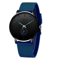 LIGE men's quartz watch with a round black dial, blue hands, and a blue silicone strap.
