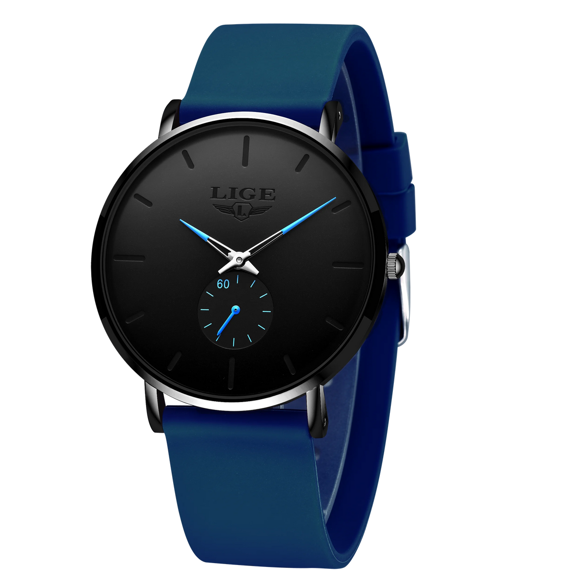 LIGE men's quartz watch with a round black dial, blue hands, and a blue silicone strap.