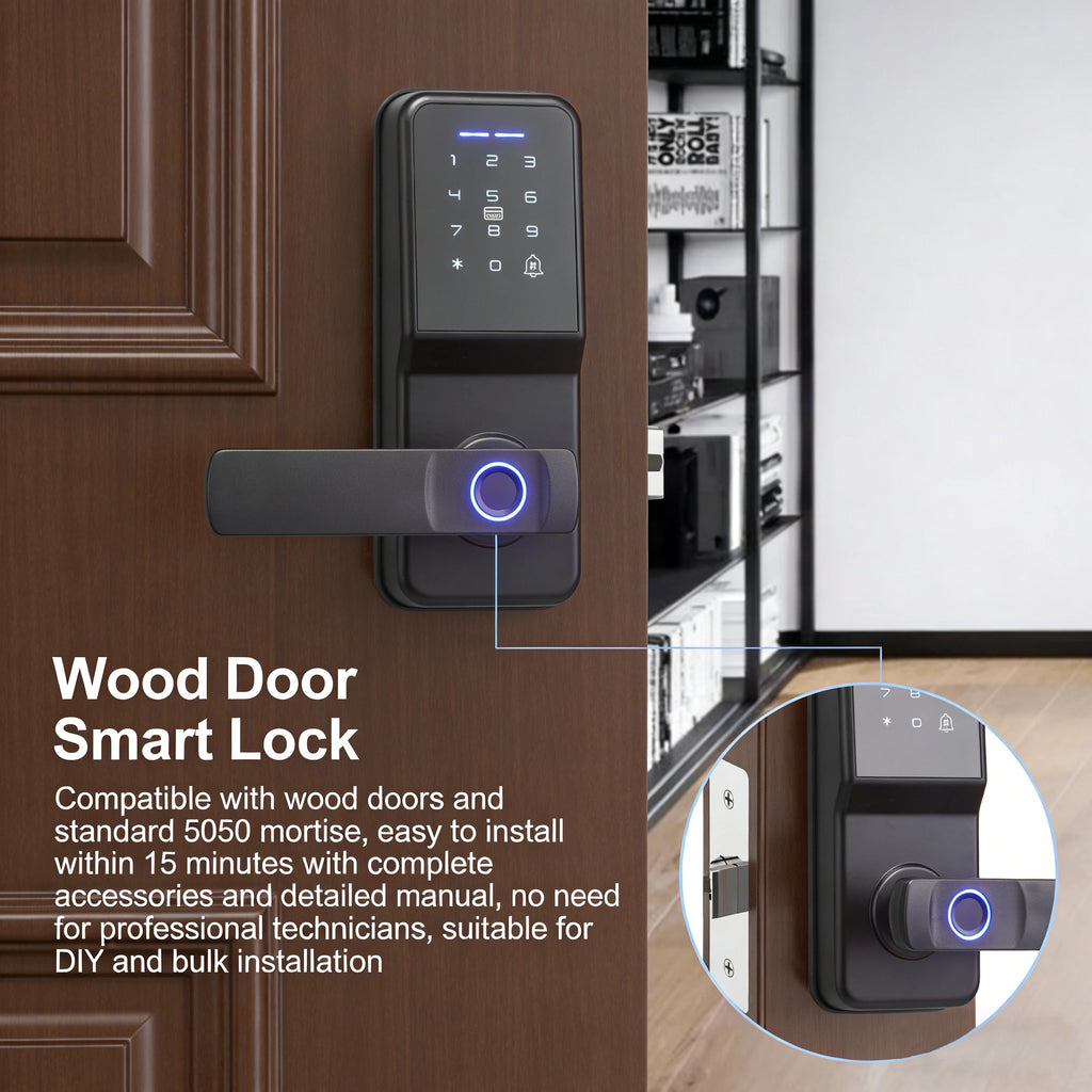 Matte black metal smart door lock with a digital keypad, fingerprint scanner, and blue LED ring on a wooden door.