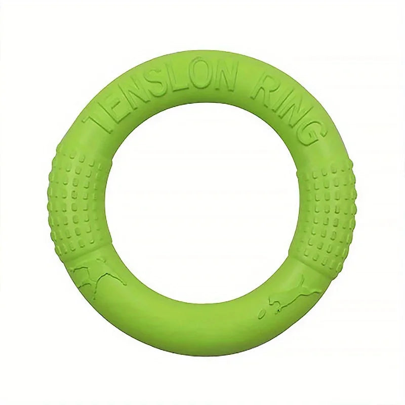 Bright lime green EVA foam dog ring toy with textured grip areas and embossed dog silhouettes.