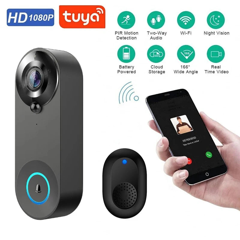Black wireless 1080p smart video doorbell with night vision, wide-angle lens, two-way audio and indoor chime.