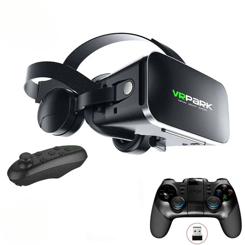 Black VR headset with integrated headphones, a handheld remote, and a wireless gaming controller.