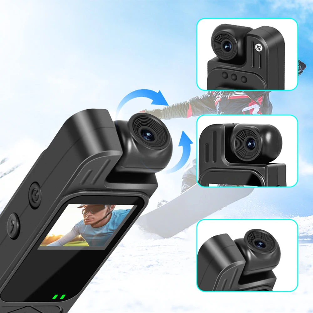 Black plastic body camera with a rotating lens and built-in screen, displayed from multiple angles.