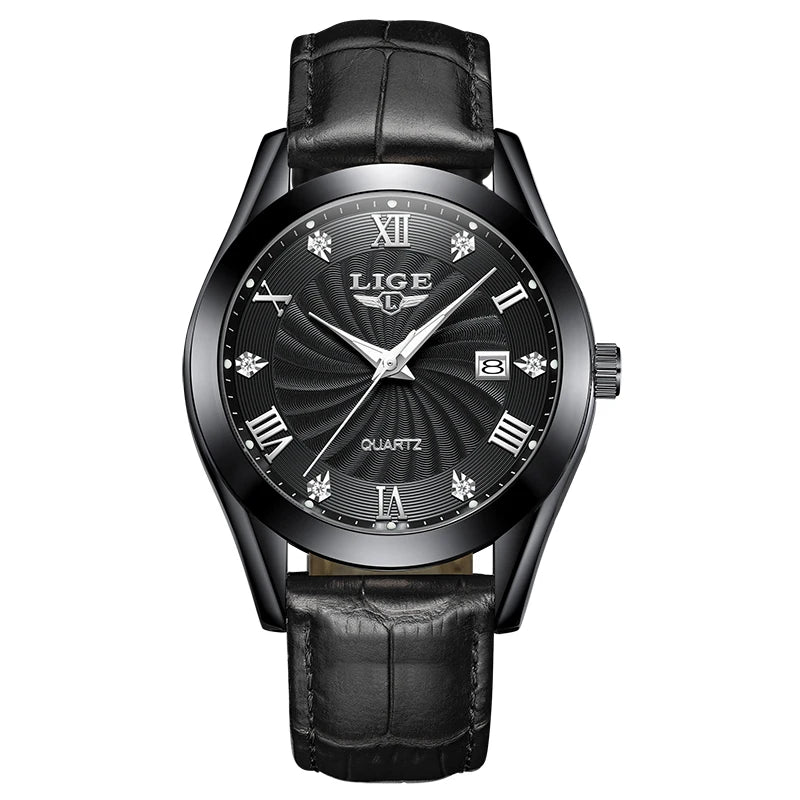 Elegant women’s quartz watch featuring a black textured dial, Roman numerals, crystal markers, and black leather strap.