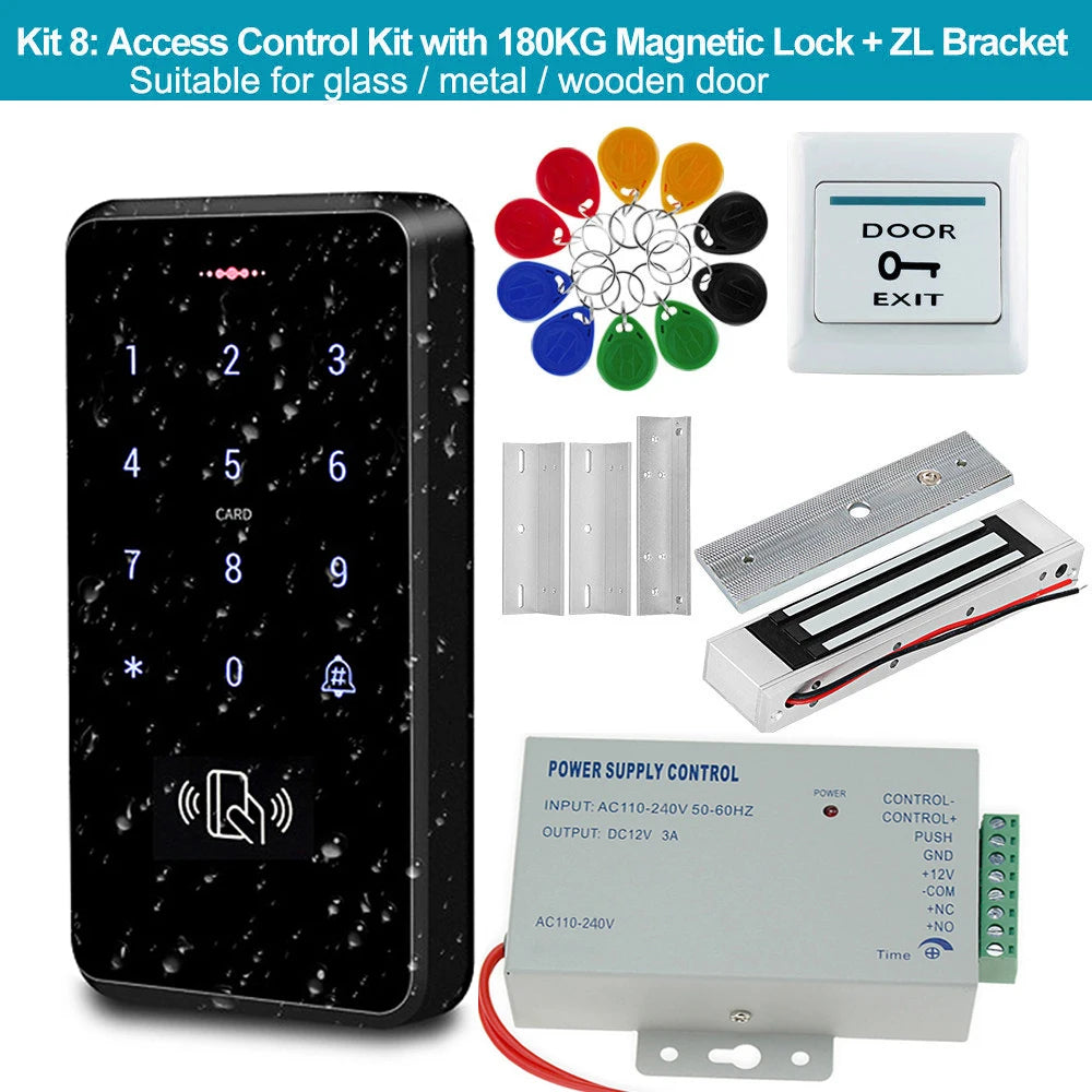 Black access control keypad, silver magnetic lock with ZL bracket, power supply unit, exit button, and colored key fobs.