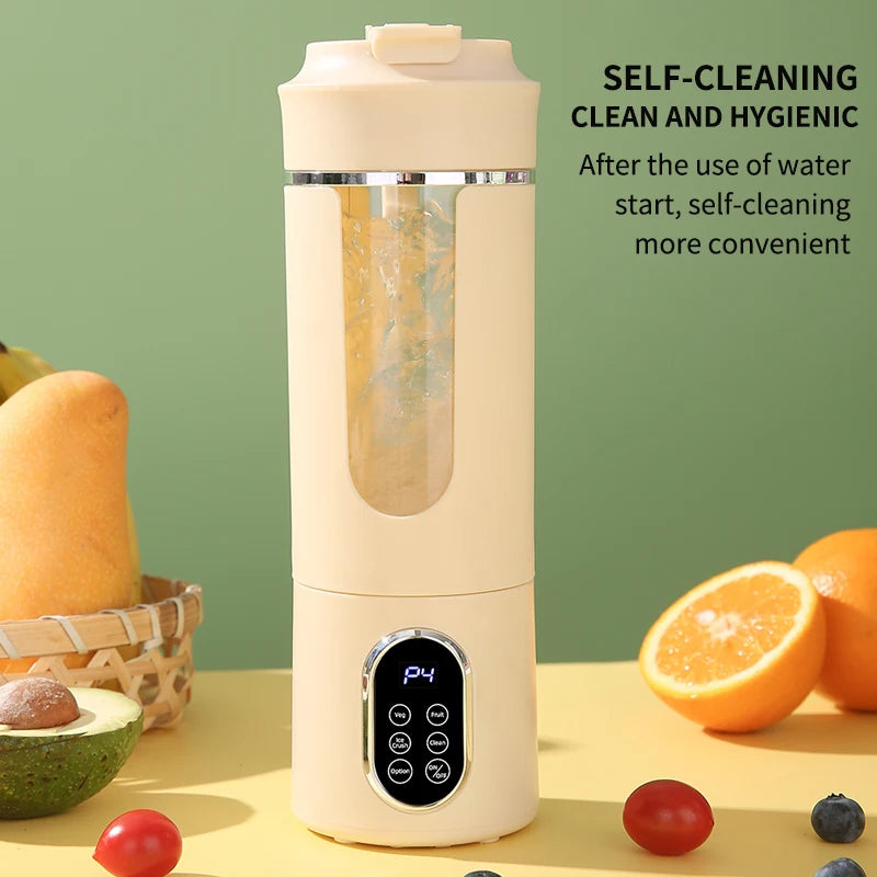 Beige portable electric blender with a clear center window, digital touch control panel, and self-cleaning feature.