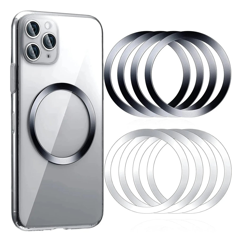 Clear phone case with magnetic ring, plus extra black and silver metallic adhesive rings for magnetic charging.