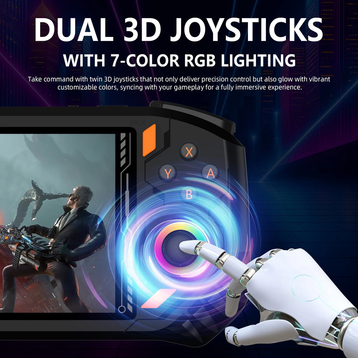 Black RG52 mini handheld retro game console with 5.5-inch screen and glowing 7-color RGB joystick.