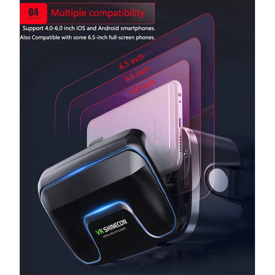 Black VR headset with blue LED light accents, designed to hold smartphones of various sizes.