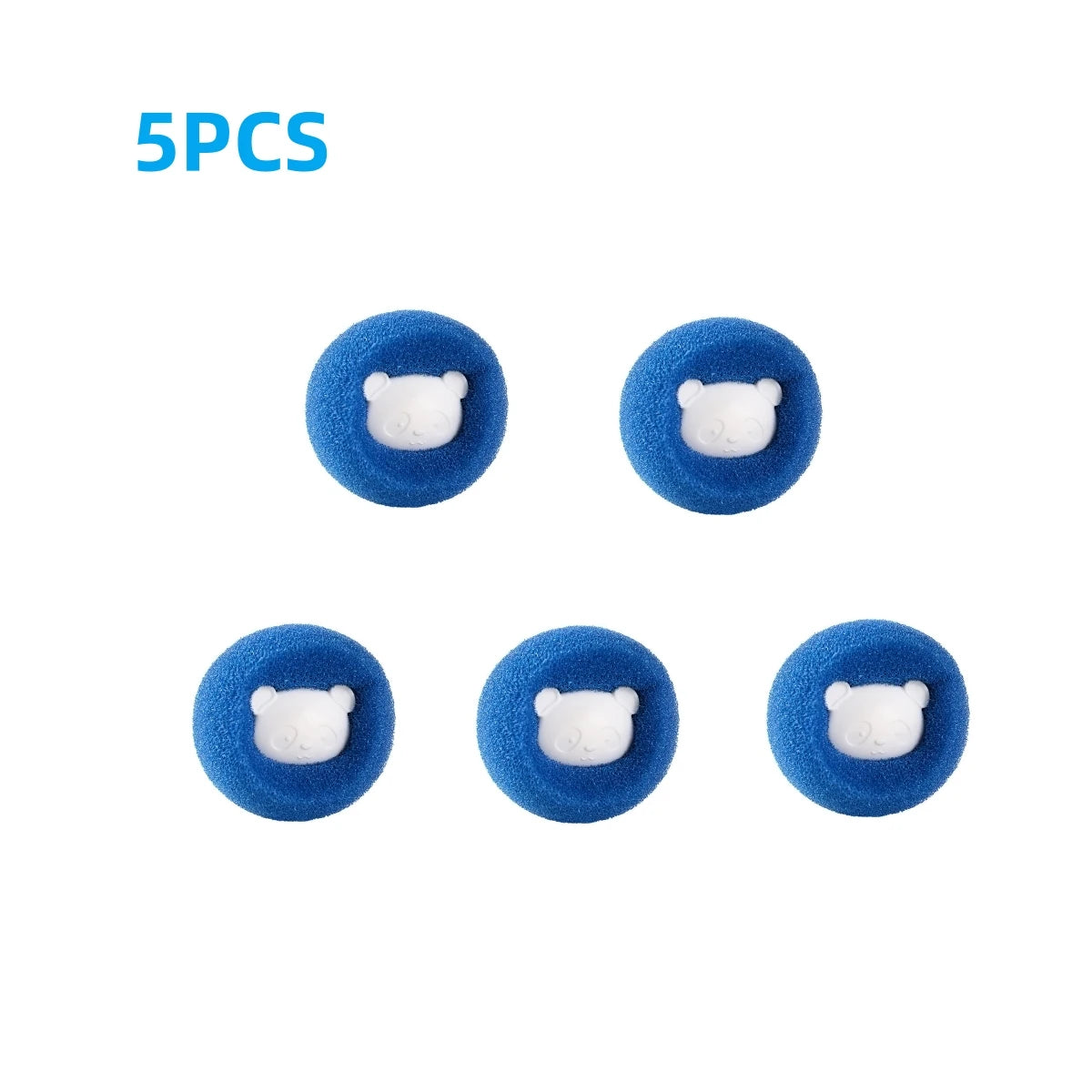 Pack of five blue laundry hair-catcher balls, each featuring a white panda character face.