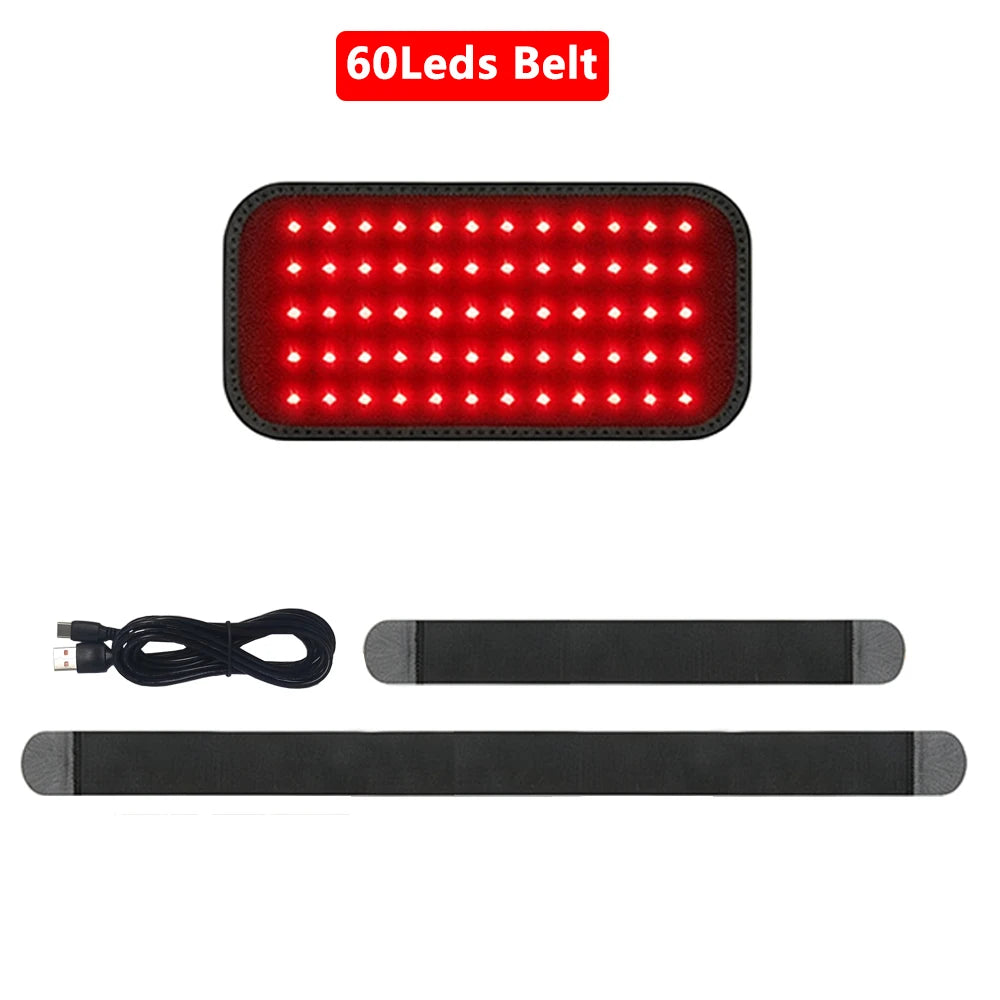 Black rectangular red light therapy pad with 60 glowing red LEDs, a USB power cord, and two black straps.