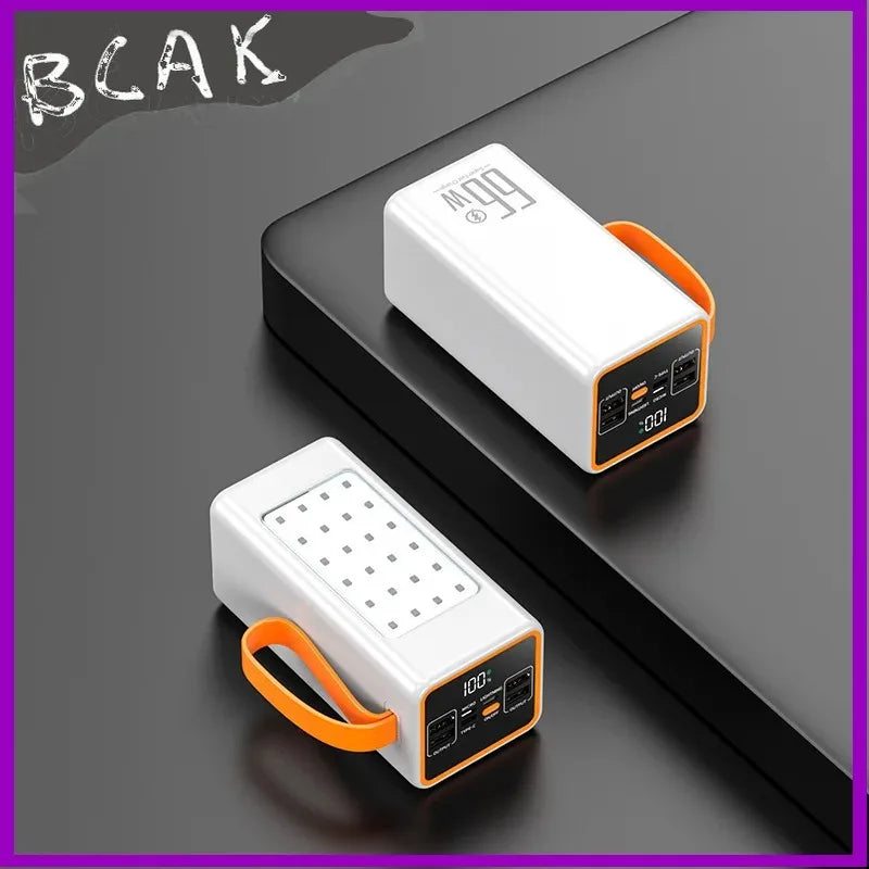 Two white portable power banks with orange accents, featuring multiple ports, a digital display, and a carry handle.