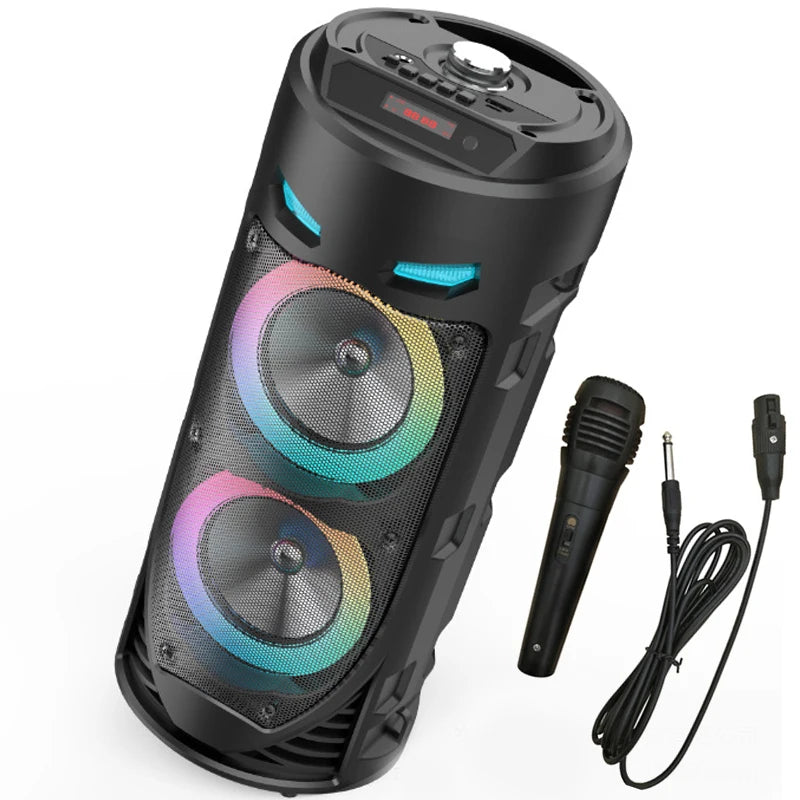 Portable black wireless speaker with dual RGB-lit drivers, digital display, top controls and a wired microphone.