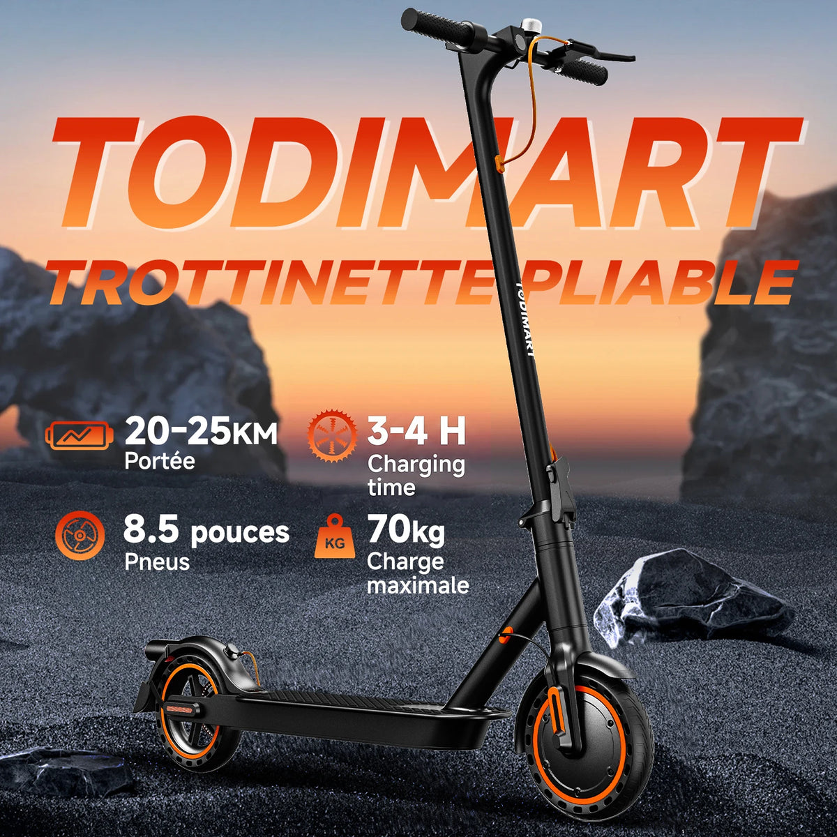 Black Todimart T3 electric scooter with orange accents, 8.5-inch tires, and a sleek folding frame.