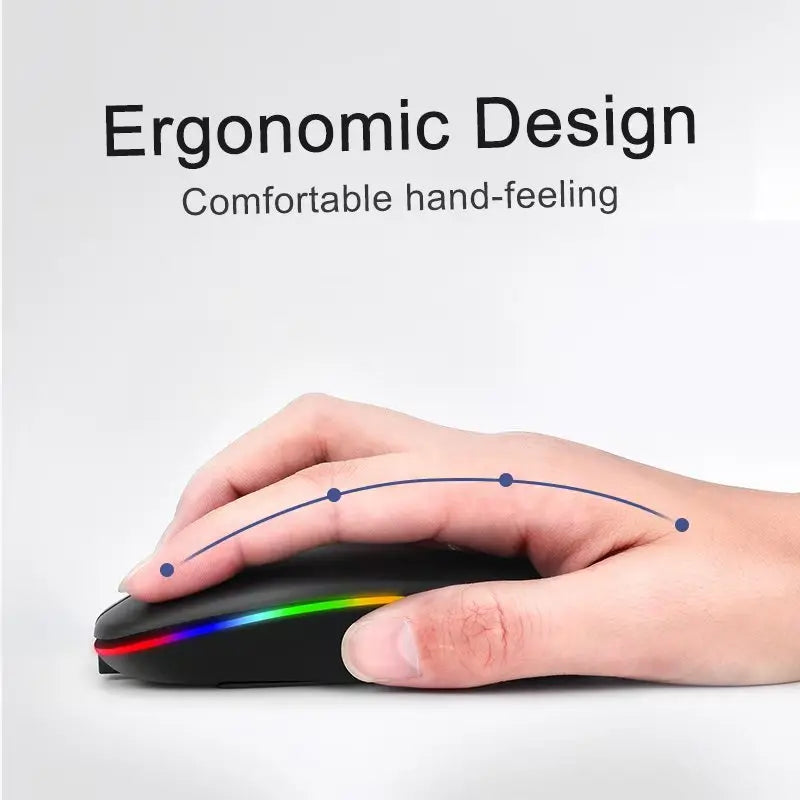 A hand using a sleek, black wireless ergonomic mouse with a vibrant RGB light strip along the edge.