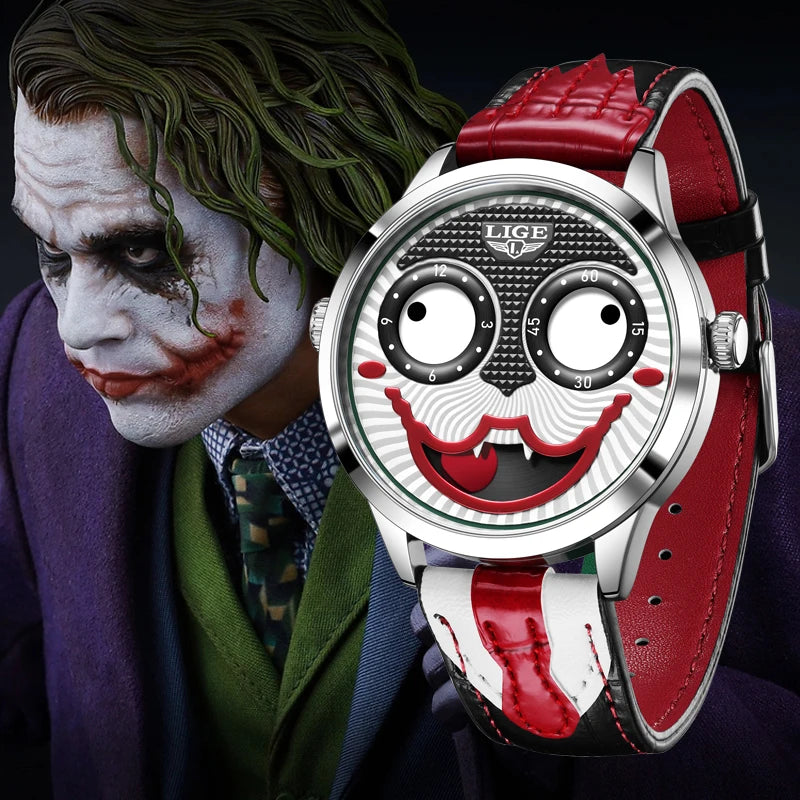 Silver quartz wristwatch with a Joker-themed dial, red leather strap, and rolling eye sub-dials.